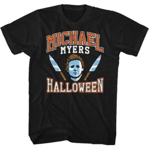 Michael Myers Mask And Knives Varsity Logo T-Shirt