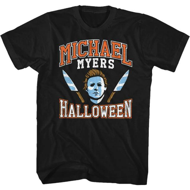Michael Myers Mask And Knives Varsity Logo T-Shirt