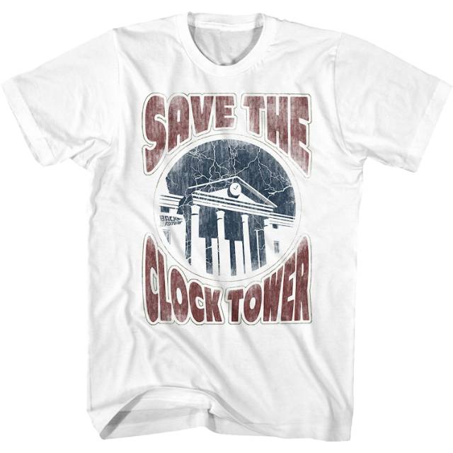 Distressed White Save The Clock Tower Back to the Future T-Shirt 